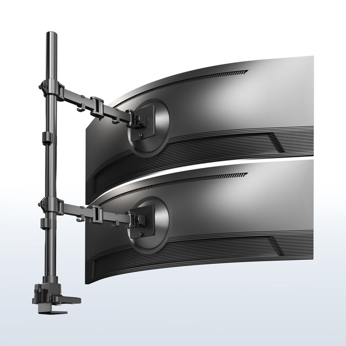 Two ultrawide computer monitors on a stand with a light blue background