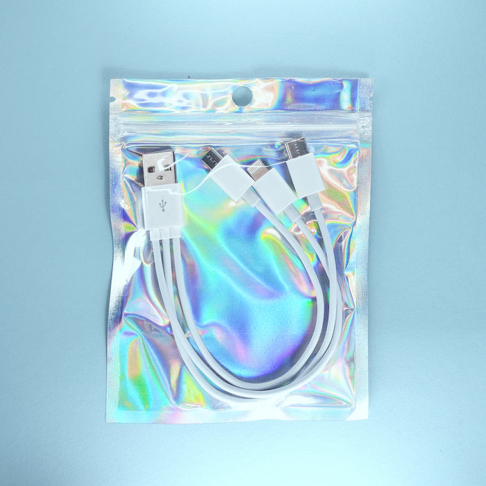 Holographic packaging with a USB cable on a light blue background