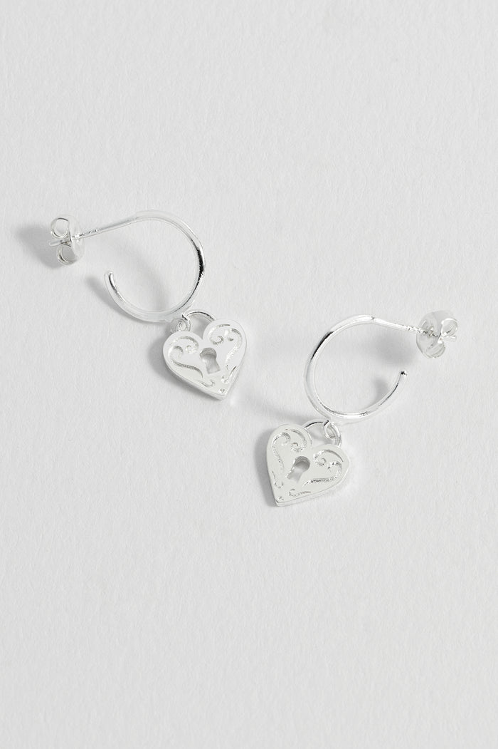 Engraved Heart Padlock Hoop Earrings
