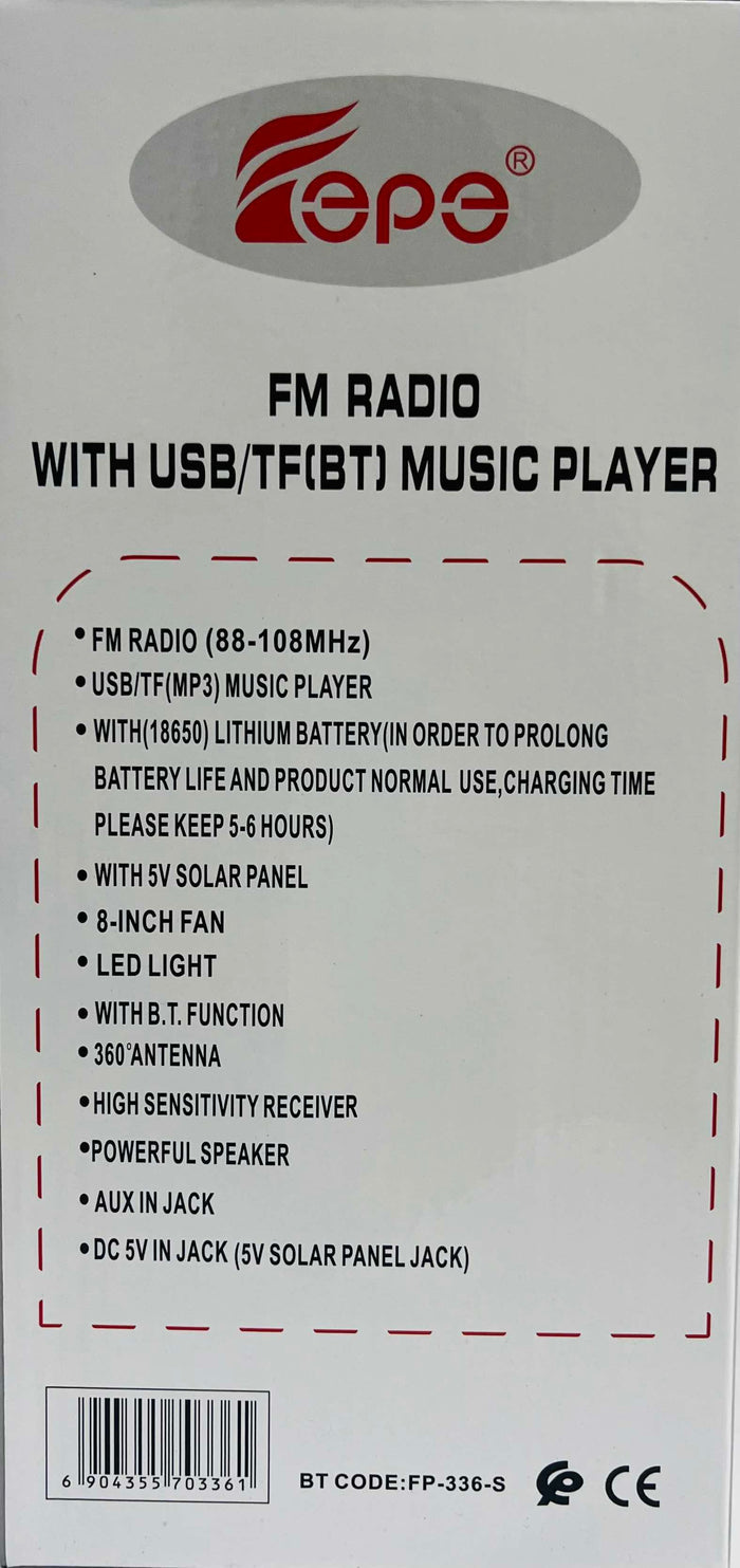 EPE FP336S Solar Charged Wireless Speaker With 8in Fan
