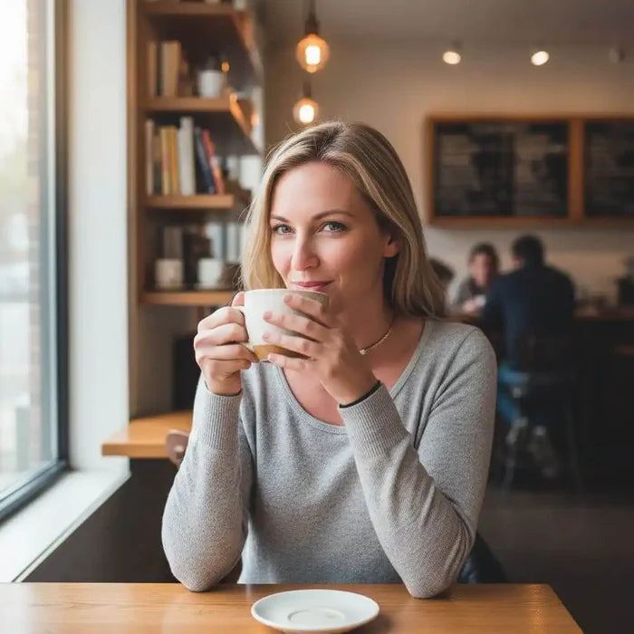 Woman enjoying a warm beverage in a cozy café, sitting at a wooden table with a beautiful smile.