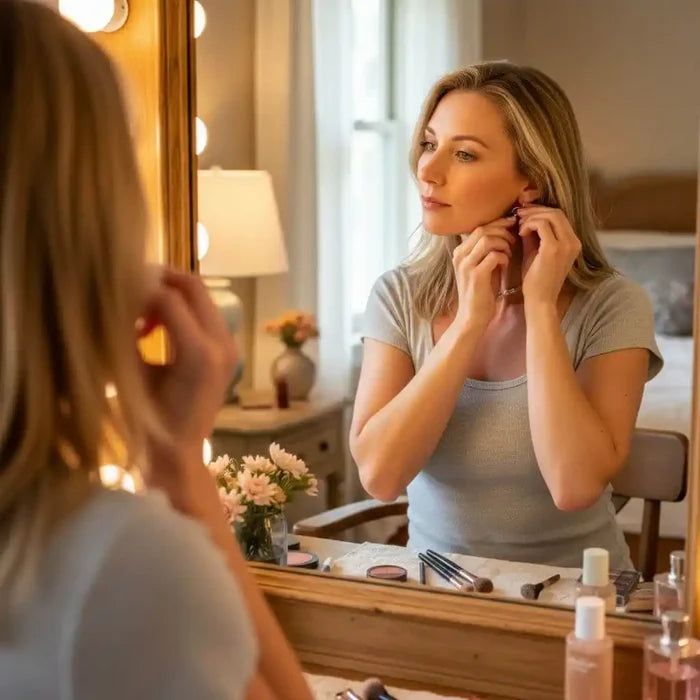 Woman wearing earrings while looking at herself in a mirror, with makeup tools and flowers on the vanity.