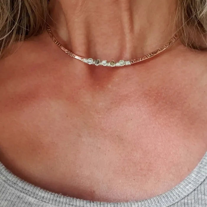 Ergonomic Copper Sculpted Embossed Wire Gemstone Choker worn around the neck, showcasing the elegant design and gemstones.