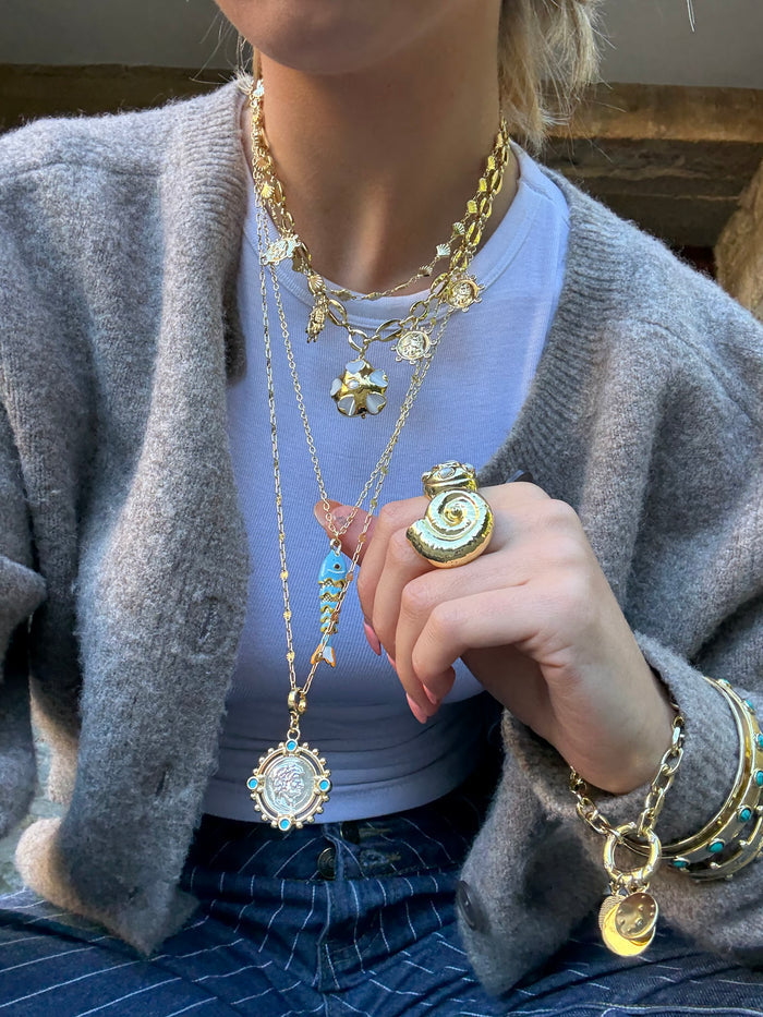 Layered gold necklaces styled for everyday jewellery stack