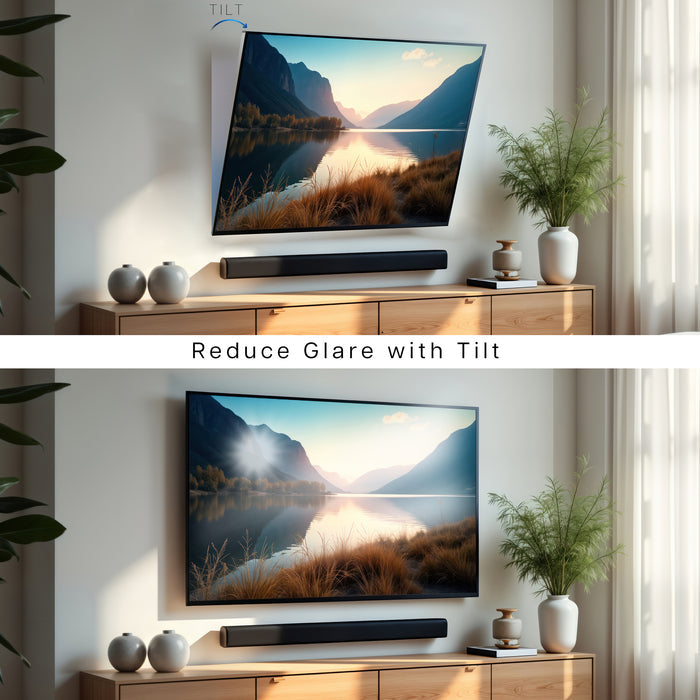 A black heavy duty TV wall mount designed for extra large screens with a tilting feature to reduce glare.