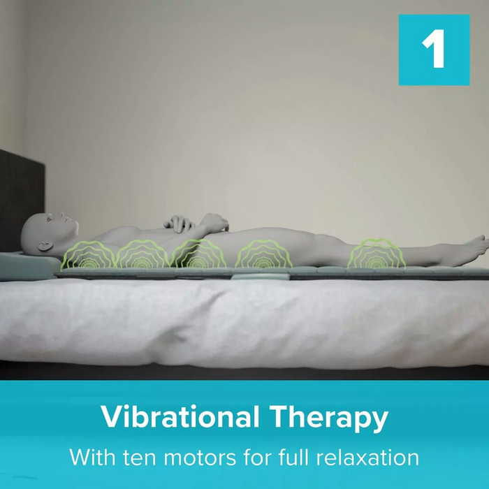 Person lying on a vibrational therapy mat with text indicating ten motors for relaxation.