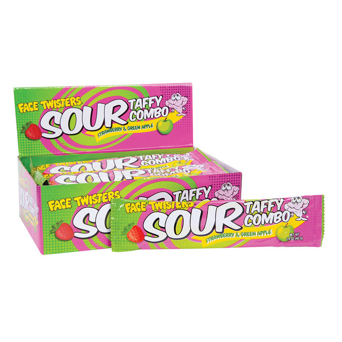 Face Twisters Strawberry and Green Apple Sour Taffy Candy - 24 Count