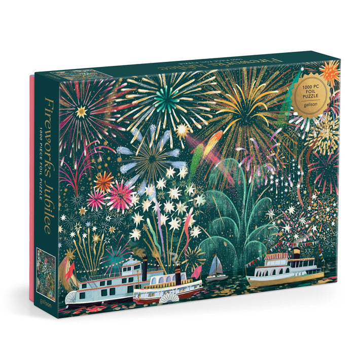 The Sarah Long Fireworks Jubilee 1000 Piece Foil Puzzle features vibrant, festive fireworks above riverboats against a night sky, brought to life with detailed illustrations.