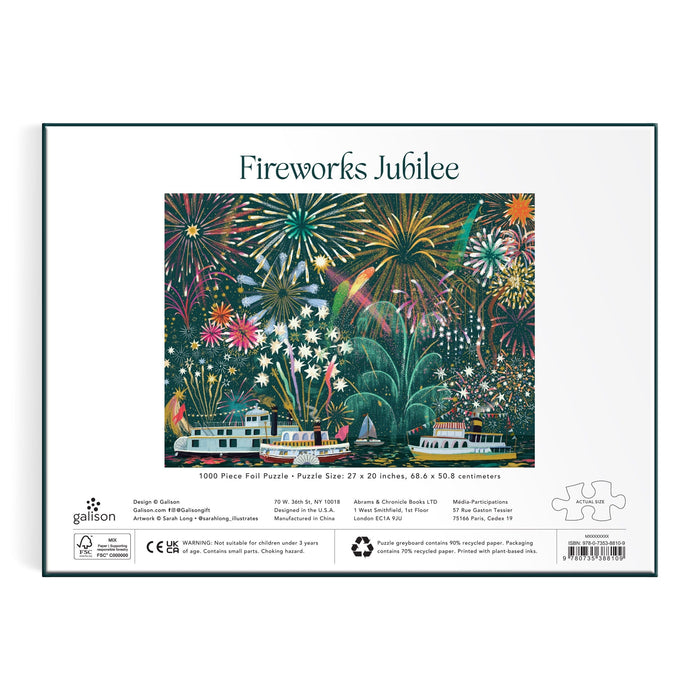 Box for the Sarah Long Fireworks Jubilee 1000 Piece Foil Puzzle, showcasing vibrant fireworks over boats on water at night. Puzzle size and product details are printed below the image.