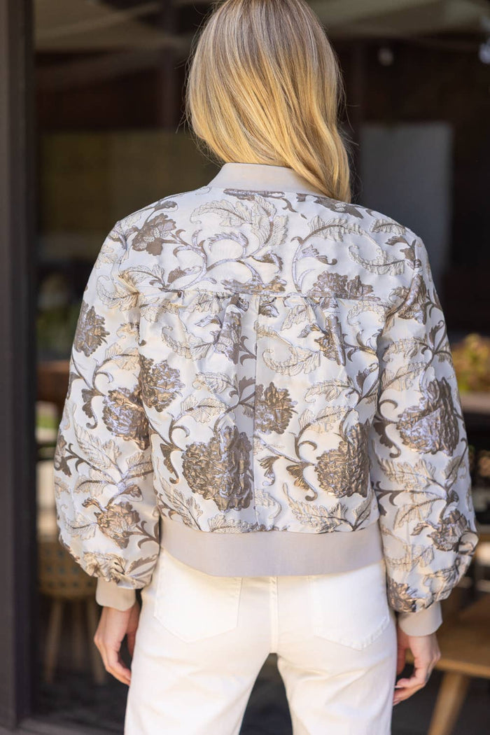 Floral Metallic Jacquard Bomber Jacket L