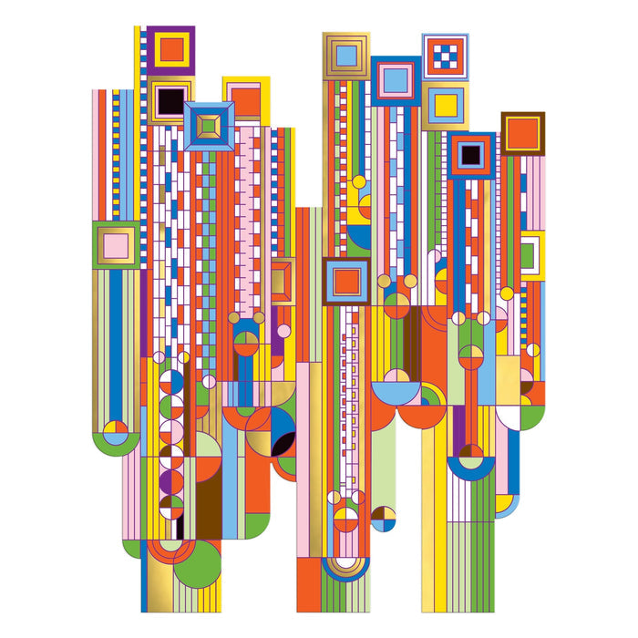 The Frank Lloyd Wright Saguaro Forms & Cactus Flowers 750 Piece Shaped Foil Puzzle by Frank Lloyd Wright Foundation features vibrant geometric artwork with red, yellow, blue, green, and pink shapes on a white background.