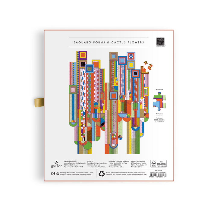 The back of the Frank Lloyd Wright Foundation’s Saguaro Forms & Cactus Flowers 750 Piece Shaped Foil Puzzle box displays vibrant, abstract geometric artwork, showcasing overlapping shapes, puzzle pieces, and brand logos.