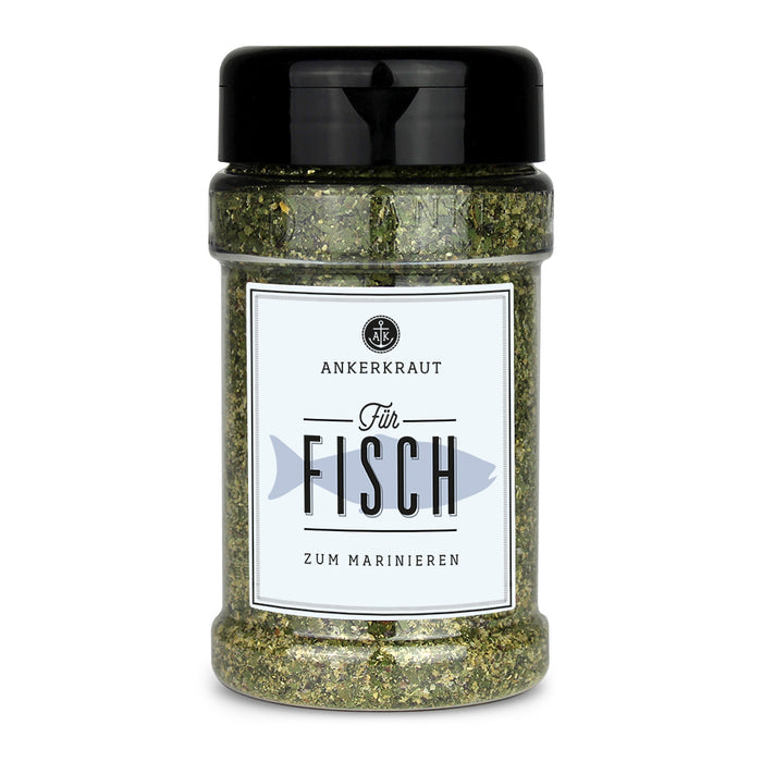 Fischgewürz von Ankerkraut im Gewürzstreuer vor weißem Hintergrund.
