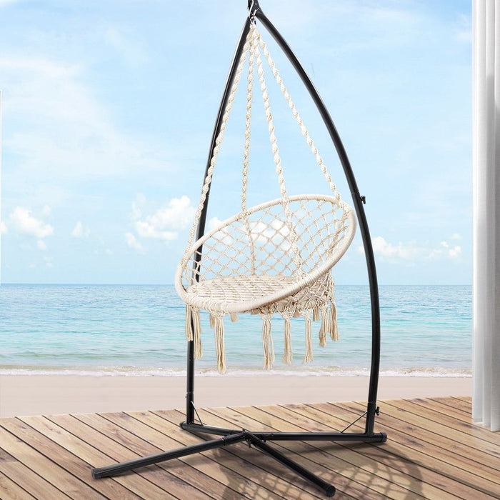 Gardeon Outdoor Hammock Chair with Steel Stand Cotton Swing Hanging 124CM Cream -Home Living Store - -