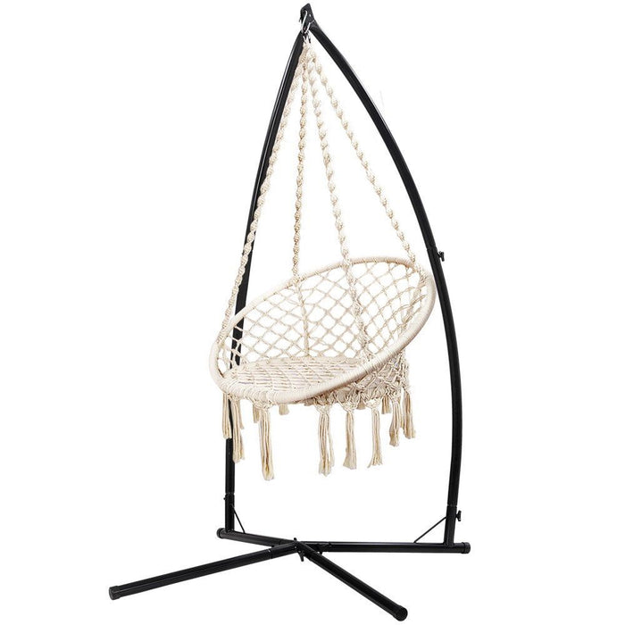 Gardeon Outdoor Hammock Chair with Steel Stand Cotton Swing Hanging 124CM Cream -Home Living Store - -