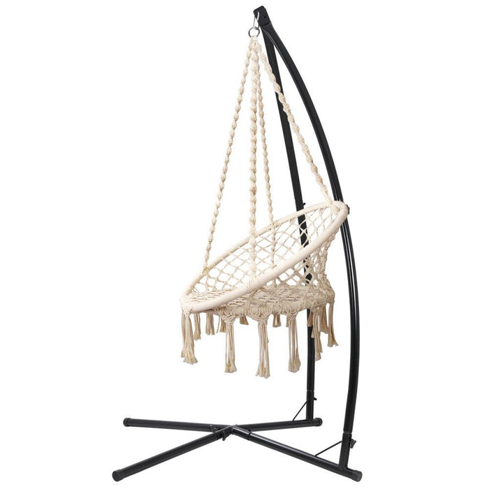Gardeon Outdoor Hammock Chair with Steel Stand Cotton Swing Hanging 124CM Cream -Home Living Store - -