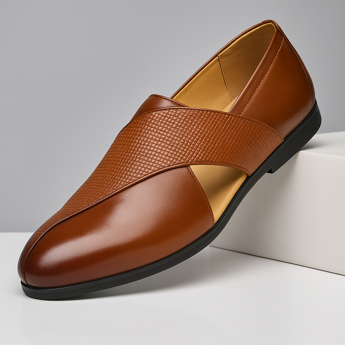 Genuine leather cross-strap loafers shown as a pair