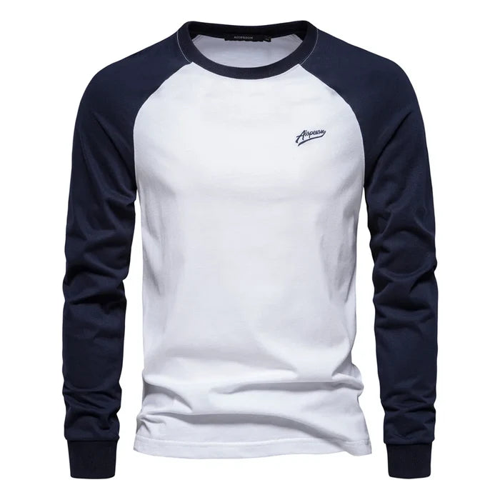 Gio Rota Men’s Long Sleeve Patchwork T-Shirt – Cotton O-Neck Casual Tee