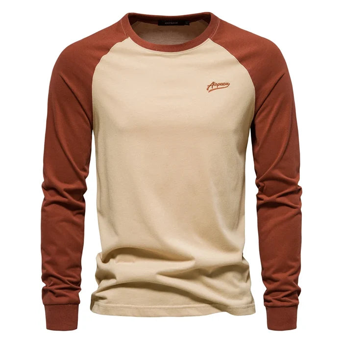 Gio Rota Men’s Long Sleeve Patchwork T-Shirt – Cotton O-Neck Casual Tee