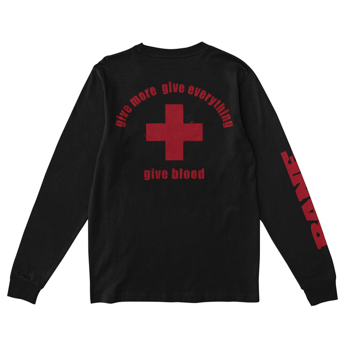 Bane black long-sleeve Comfort Colors shirt with a large red cross and “give more give everything” plus “give blood” on the back. The right sleeve features bold red “PAIN” text, making this standout printed apparel.