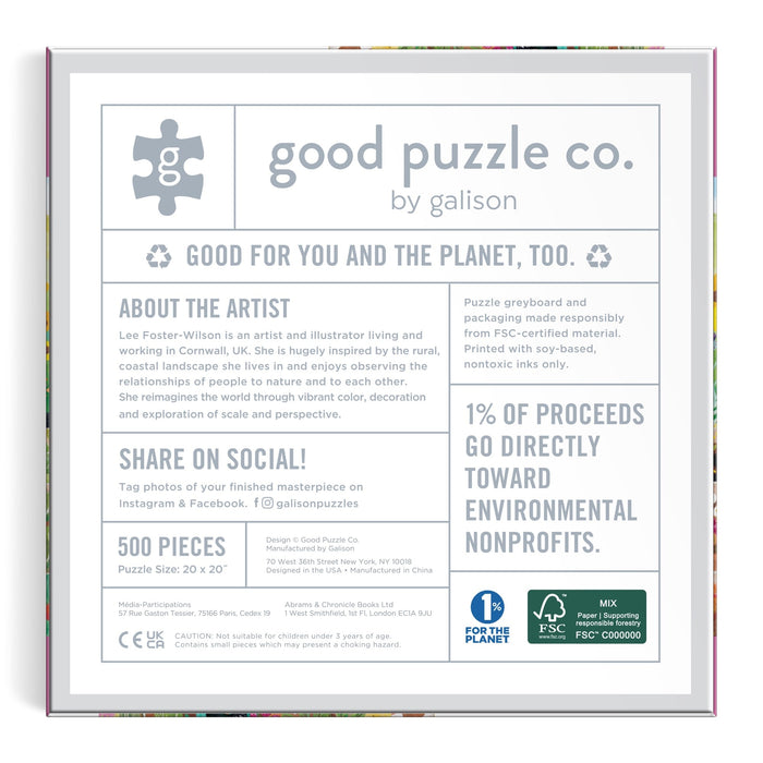The Good Puzzle Co. Basket Blooms 500pc Puzzle by Lee Foster-Wilson features eco-friendly, recycled packaging, artist info, social media details, and states that 1% of proceeds support environmental nonprofits.