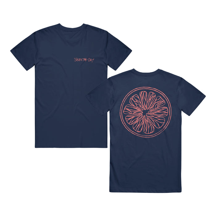 Navy blue Saves The Day Heavy Cotton Grapefruit T-Shirt with SEAS THE DAY in pink on the front left chest and a large pink line art grapefruit slice on the back.