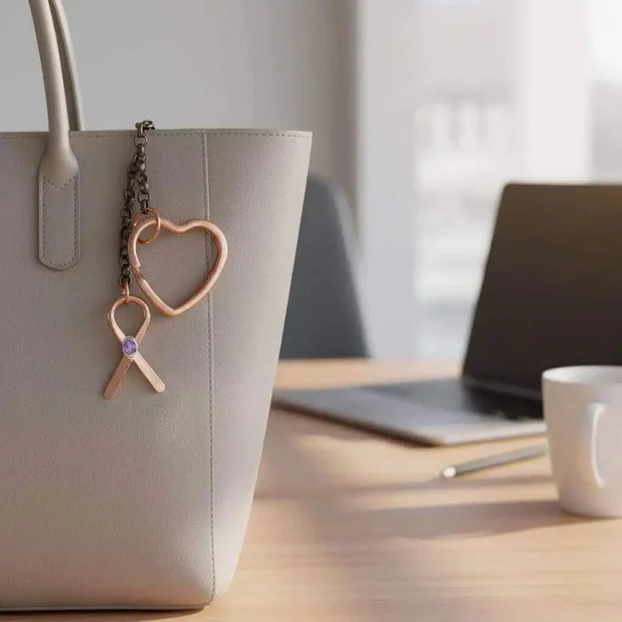 Handmade Caregiver Crystal Copper Ribbon Heart Key Chain on a stylish gray bag in a modern workspace.