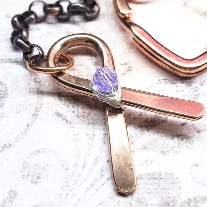 Handmade Caregiver Crystal Copper Ribbon Heart Key Chain with purple ribbon charm and copper finish