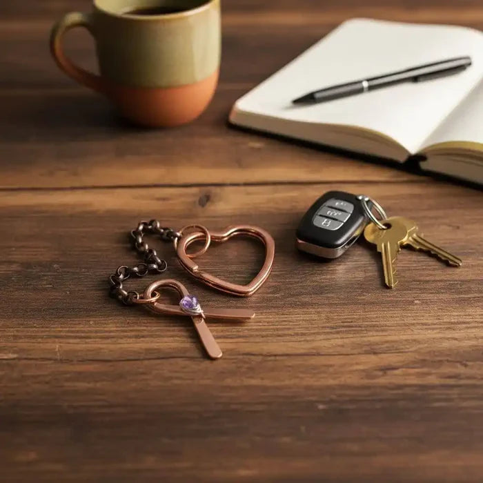 Handmade Caregiver Crystal Copper Ribbon Heart Key Chain on a wooden table with a coffee mug and notebook.