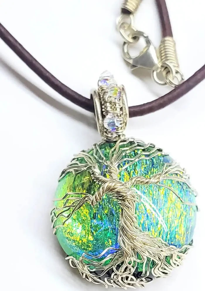 Handmade Tree of Life Dichroic Pendant Necklace featuring vibrant colors and unique design.