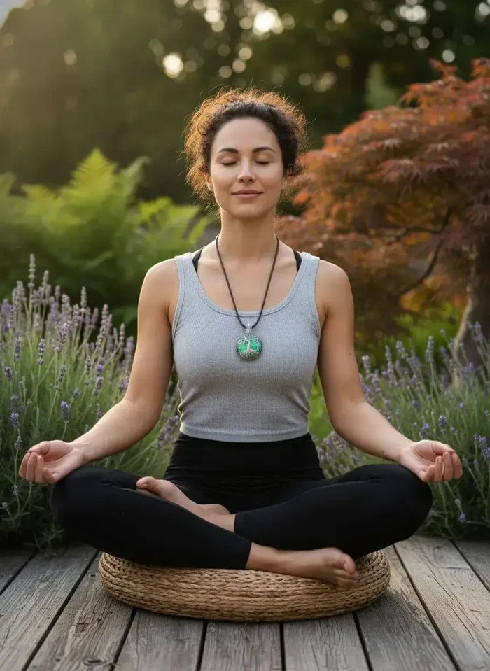 Woman meditating outdoors wearing a handmade tree of life dichroic pendant necklace surrounded by lavender.