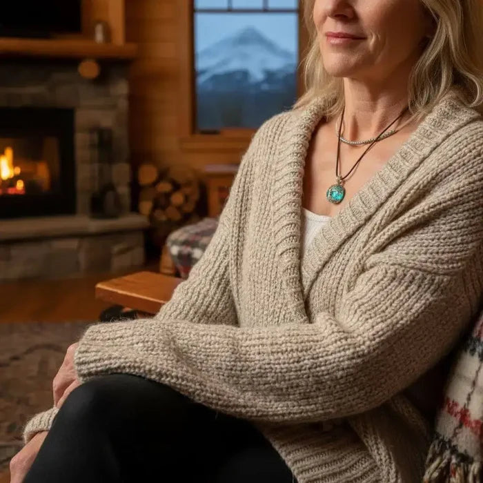 Handmade Tree of Life Dichroic Pendant Necklace worn by a woman in a cozy sweater by a fireplace.