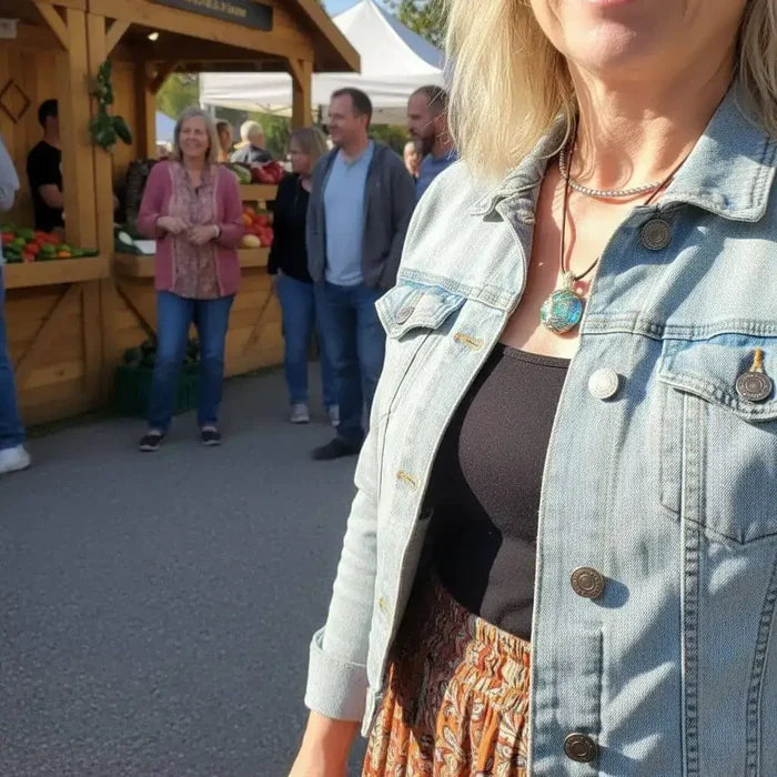 Close-up of a woman wearing a handmade tree of life dichroic pendant necklace at a market.