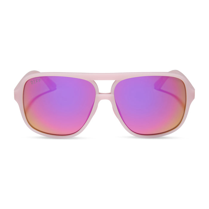 diff sport featuring the hangtime aviator sunglasses with a matte baby pink frame and pink rush mirror polarized lenses front view