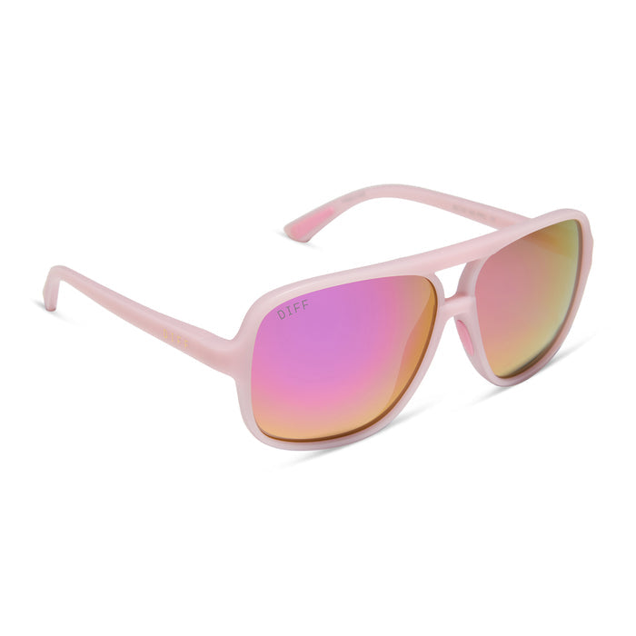 diff sport featuring the hangtime aviator sunglasses with a matte baby pink frame and pink rush mirror polarized lenses angled view