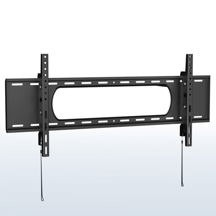 A black tilting wall mount for TVs with a visible label showing the largest screen size compatibility.