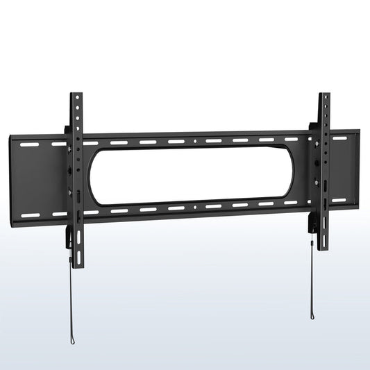 A black tilting wall mount for TVs with a visible label showing the largest screen size compatibility.