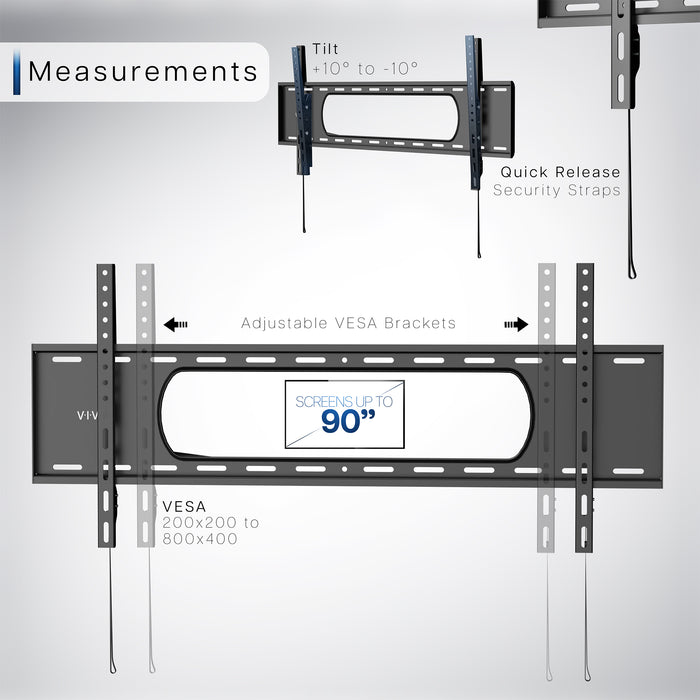 A black tilting wall mount for TVs with text displaying dimensions