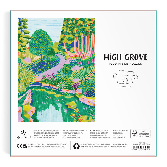 The High Grove 1000 Piece Puzzle in Square Box by Alice Brisland features vibrant, stylized artwork of a lush garden with trees, flowers, and a winding path beside a stream.