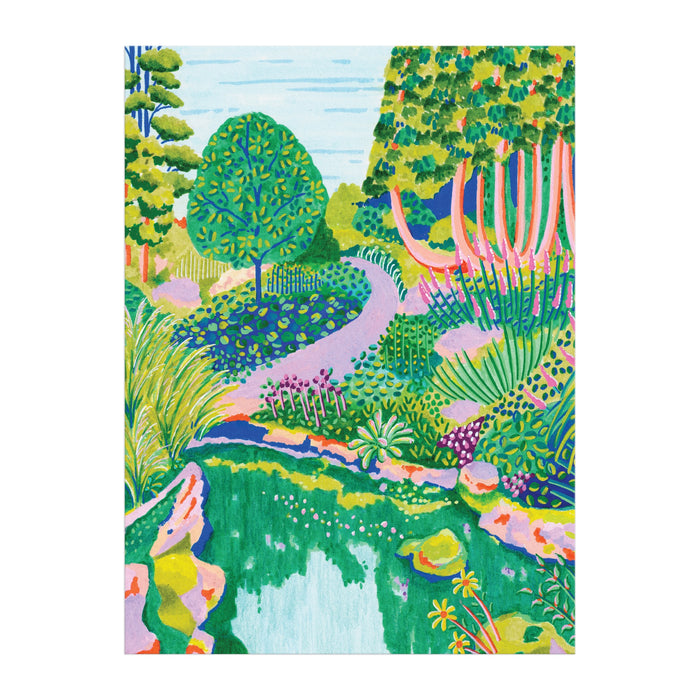 The High Grove 1000 Piece Puzzle in Square Box by Alice Brisland features a vibrant garden scene with winding paths, lush plants, trees, and a pond under a blue sky—a perfect nature puzzle for art lovers and enthusiasts.