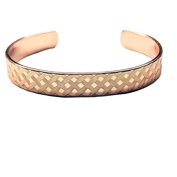 His and Her Copper Embossed Weave Cuffs 16 Gauge - Handmade copper cuff bracelet with intricate embossed weave design.