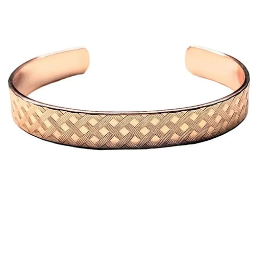 His and Her Copper Embossed Weave Cuffs 16 Gauge - Handmade copper cuff bracelet with intricate embossed weave design.