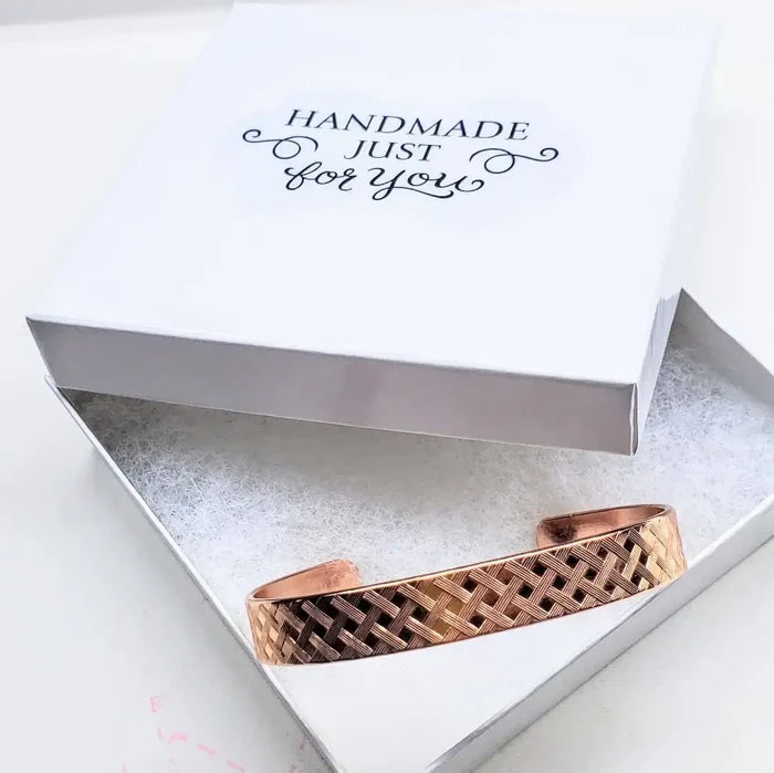 His and Her Copper Embossed Weave Cuffs 16 Gauge in a gift box with the text "HANDMADE JUST for YOU".