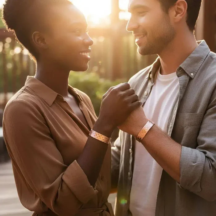 His and Her Copper Embossed Weave Cuffs 16 Gauge worn by a couple smiling at each other during sunset.
