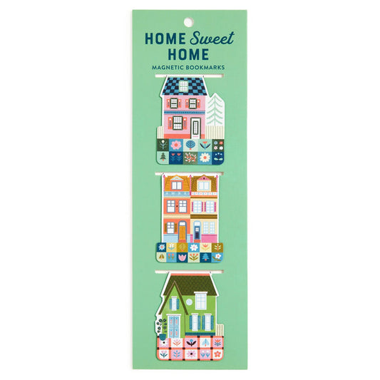 The Home Sweet Home Magnetic Bookmarks by Molly Egan features three illustrated, house-shaped bookmarks in green packaging, each adorned with colorful details and floral patterns.