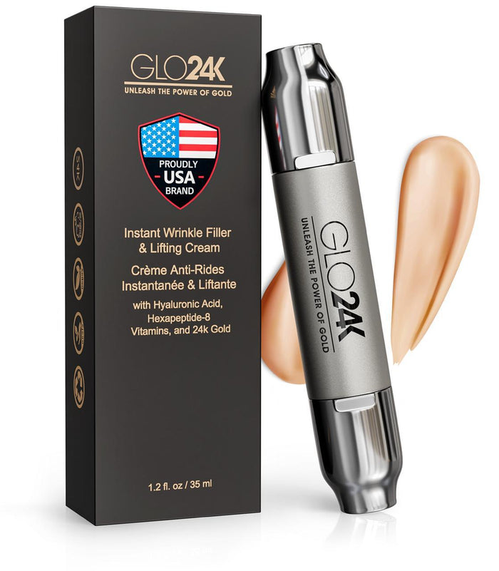 GLO24K skincare product with packaging and cream swatch on a white background