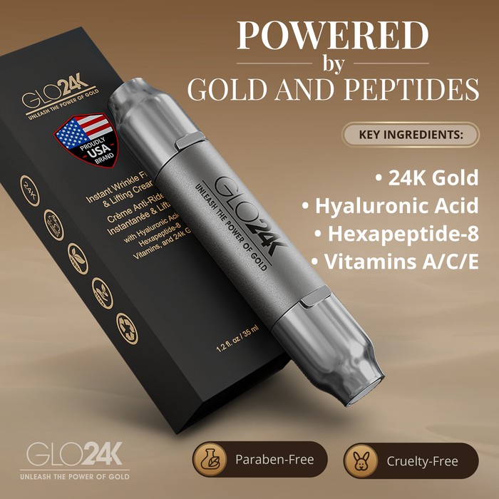 GLO24K skincare product with packaging on a beige background