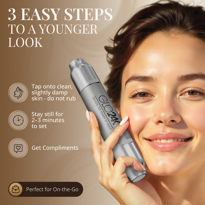Woman using a skincare device with text on 3 easy steps to a younger look.