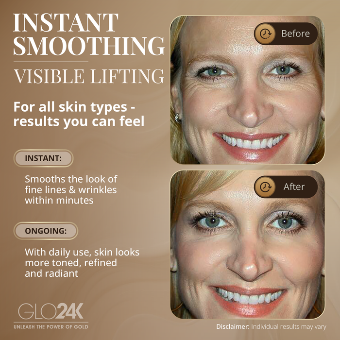 Advertisement for GLO24K skin smoothing and lifting product showing a before and after comparison of a woman's face.
