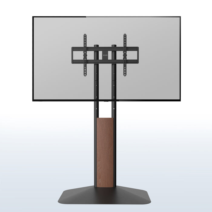 A black freestanding TV stand with a brown wooden accent.